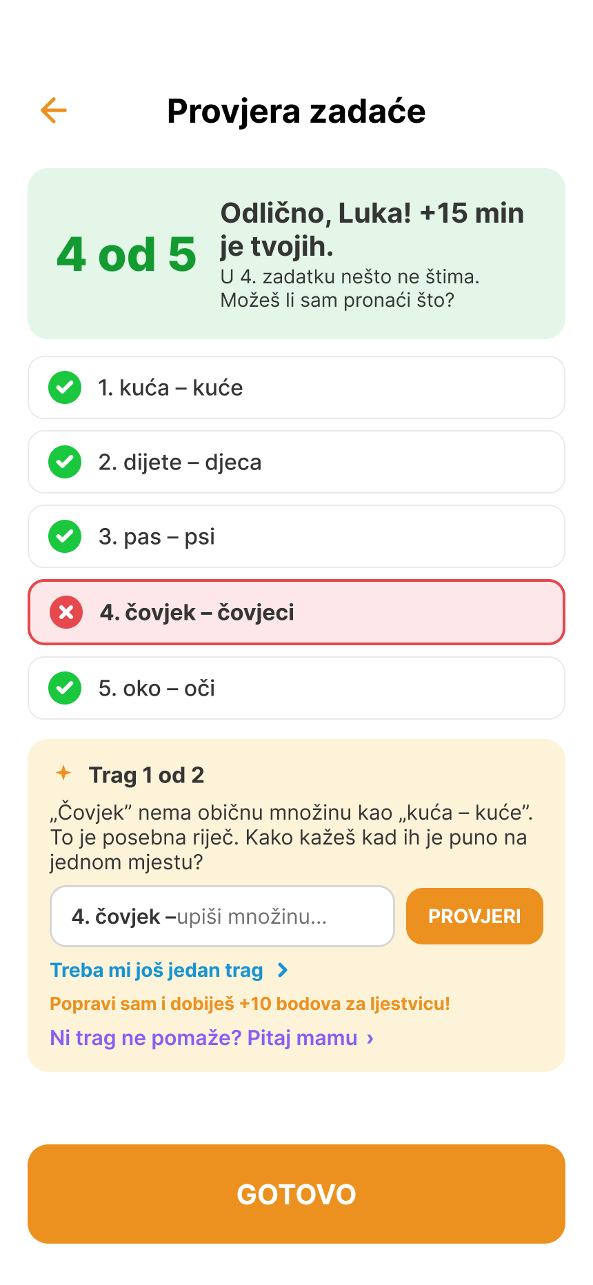 AI provjera zadaće: 4 od 5 točno, s objašnjenjem pogreške