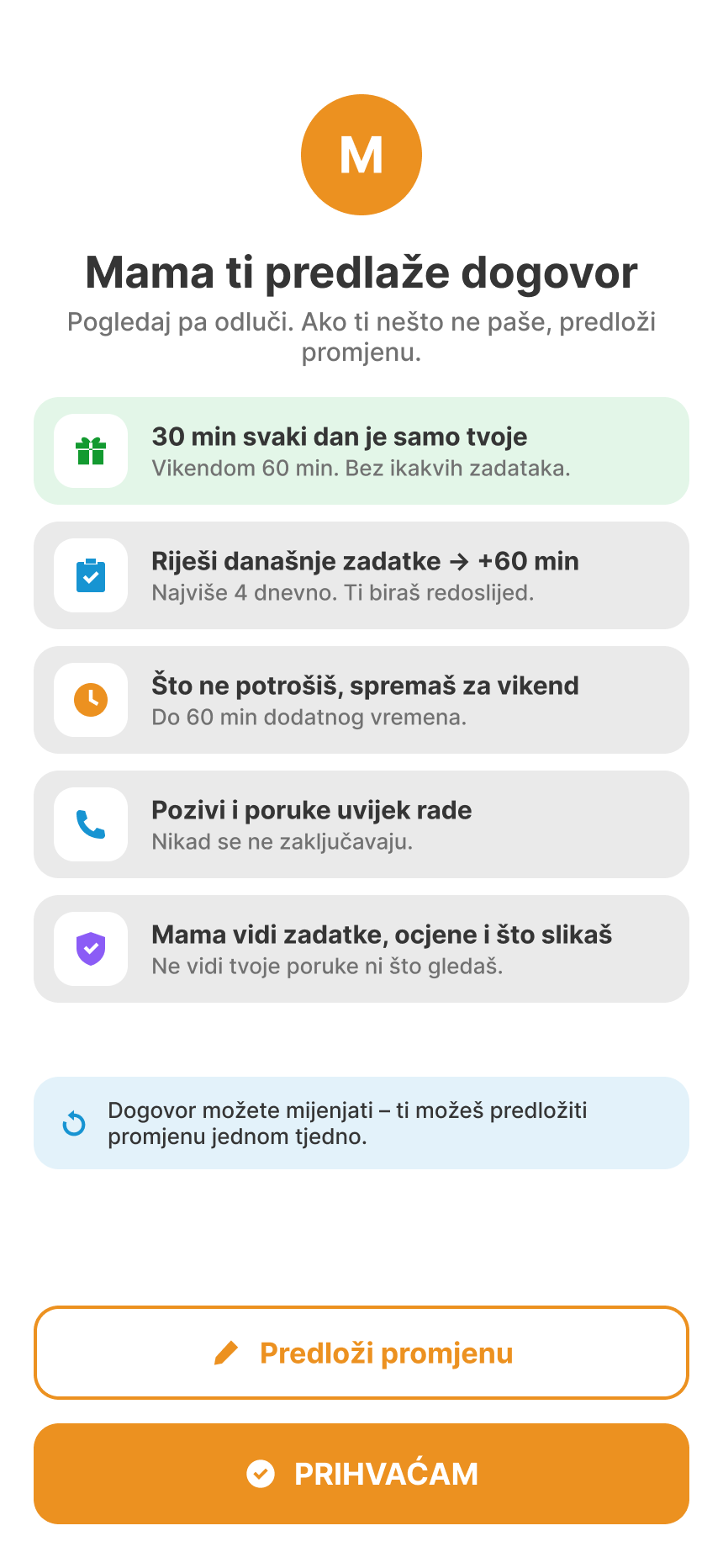 Djetetov zaslon: mama predlaže dogovor, s gumbima Predloži promjenu i Prihvaćam