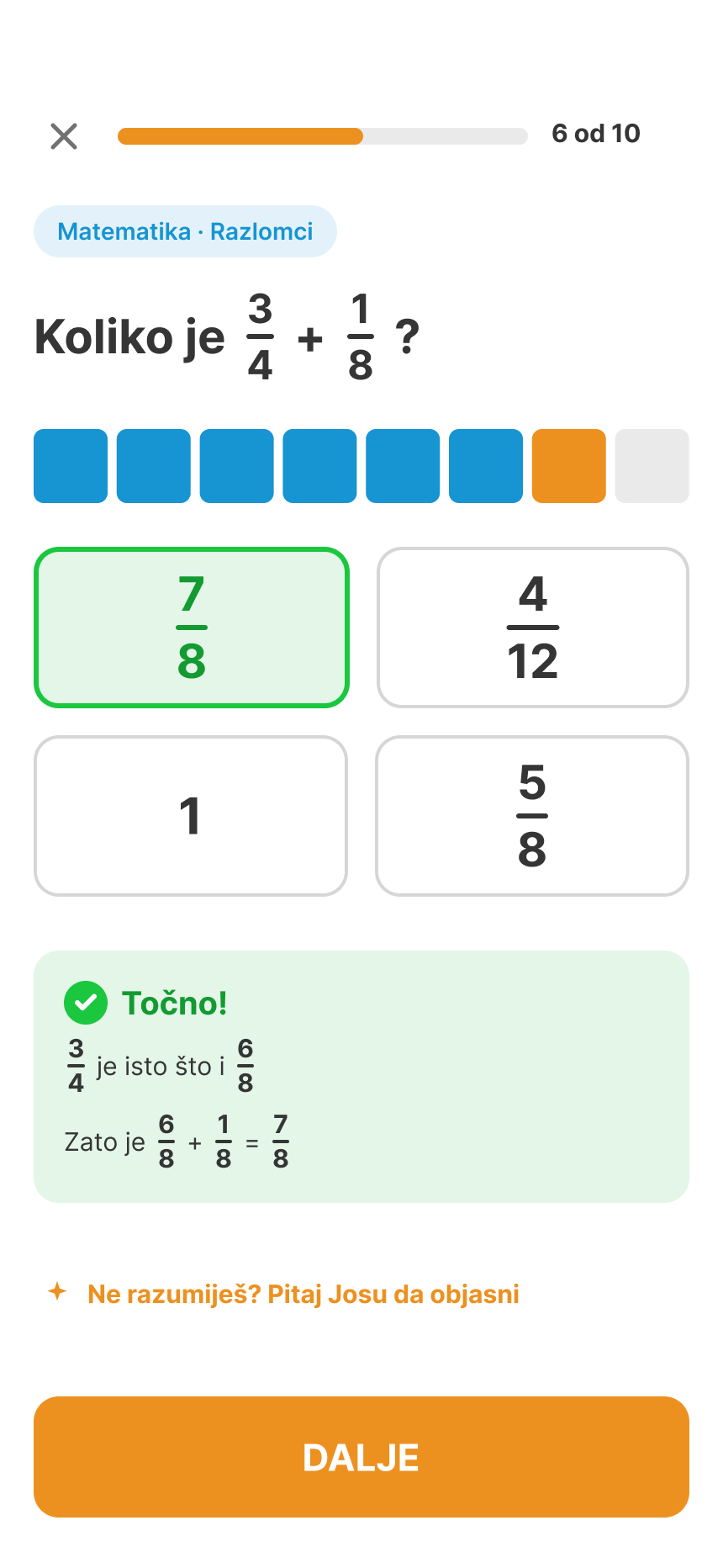 Kviz iz matematike: 3/4 + 1/8 = 7/8, točno, s objašnjenjem