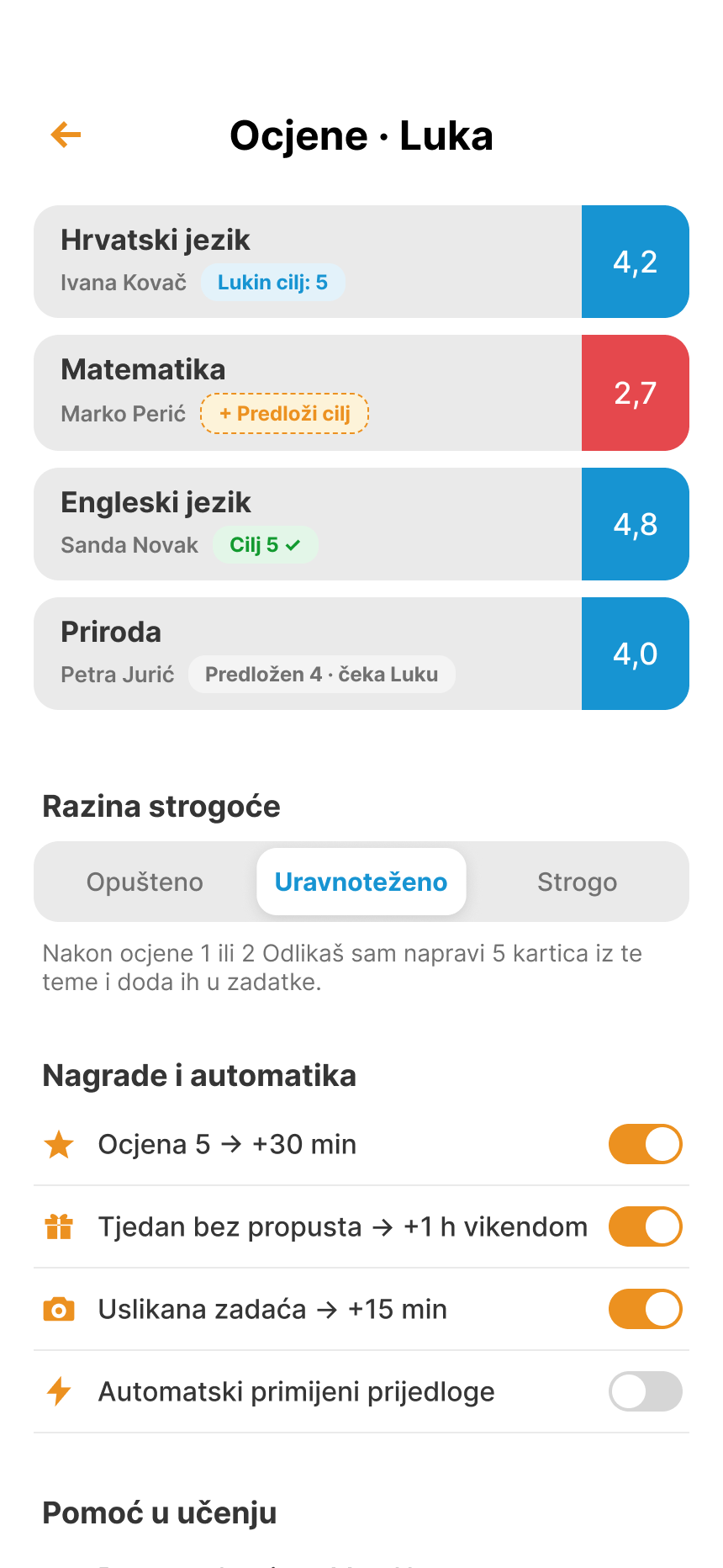 Ocjene po predmetu s razinom strogoće, nagradama za dobre ocjene i pametnim karticama