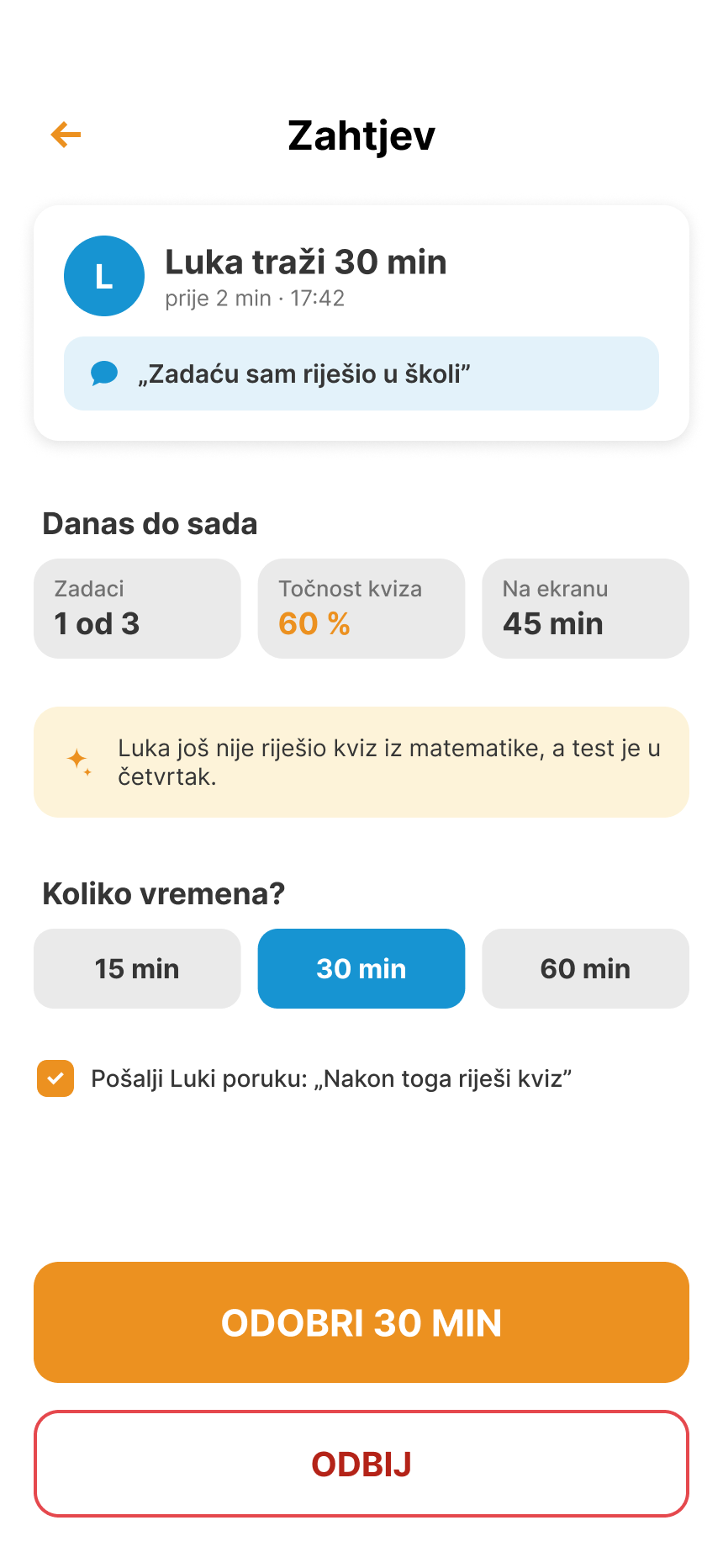 Zahtjev: Luka traži 30 minuta, uz pregled današnjih zadataka i gumbe Odobri i Odbij